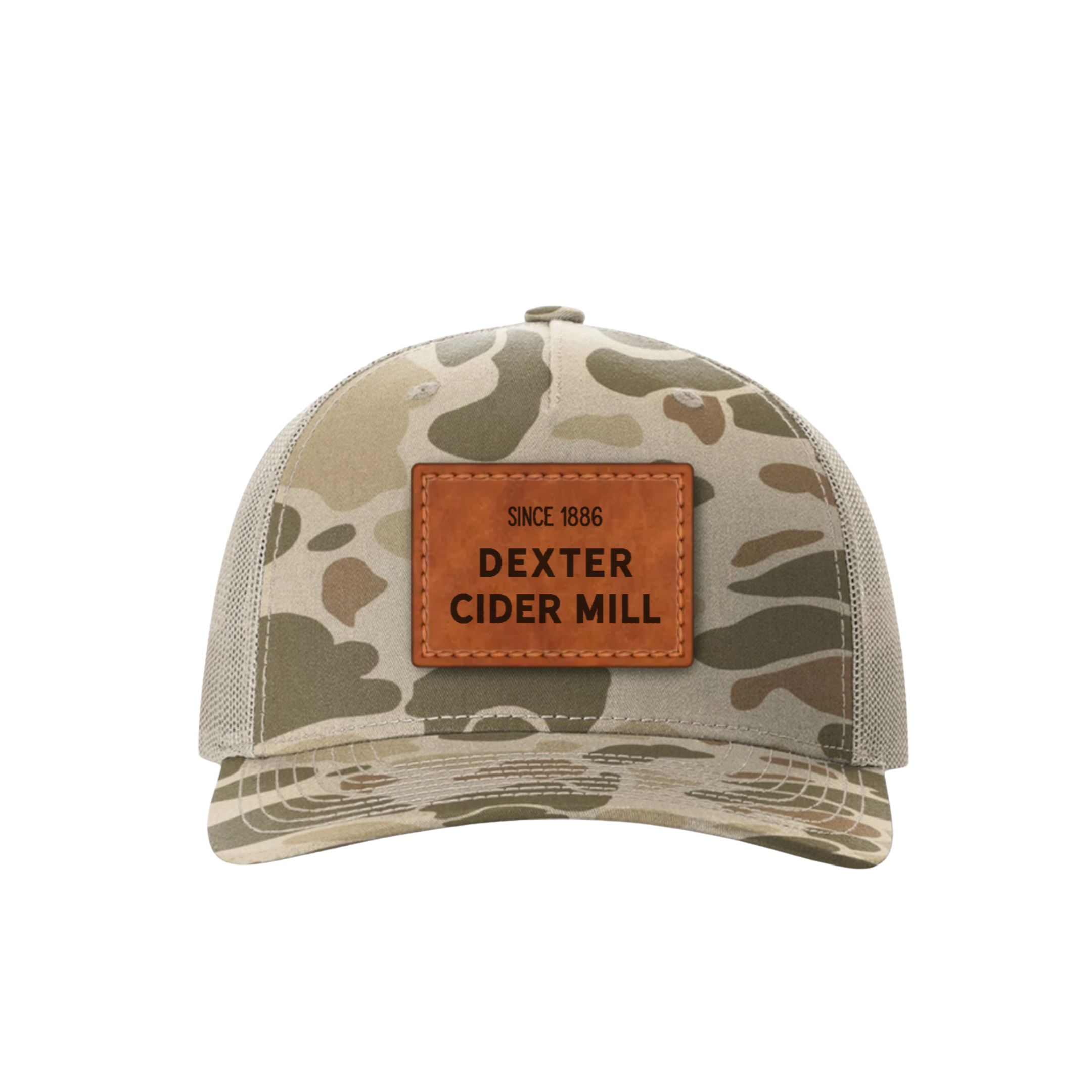 Camo Leather Patch Trucker Hat